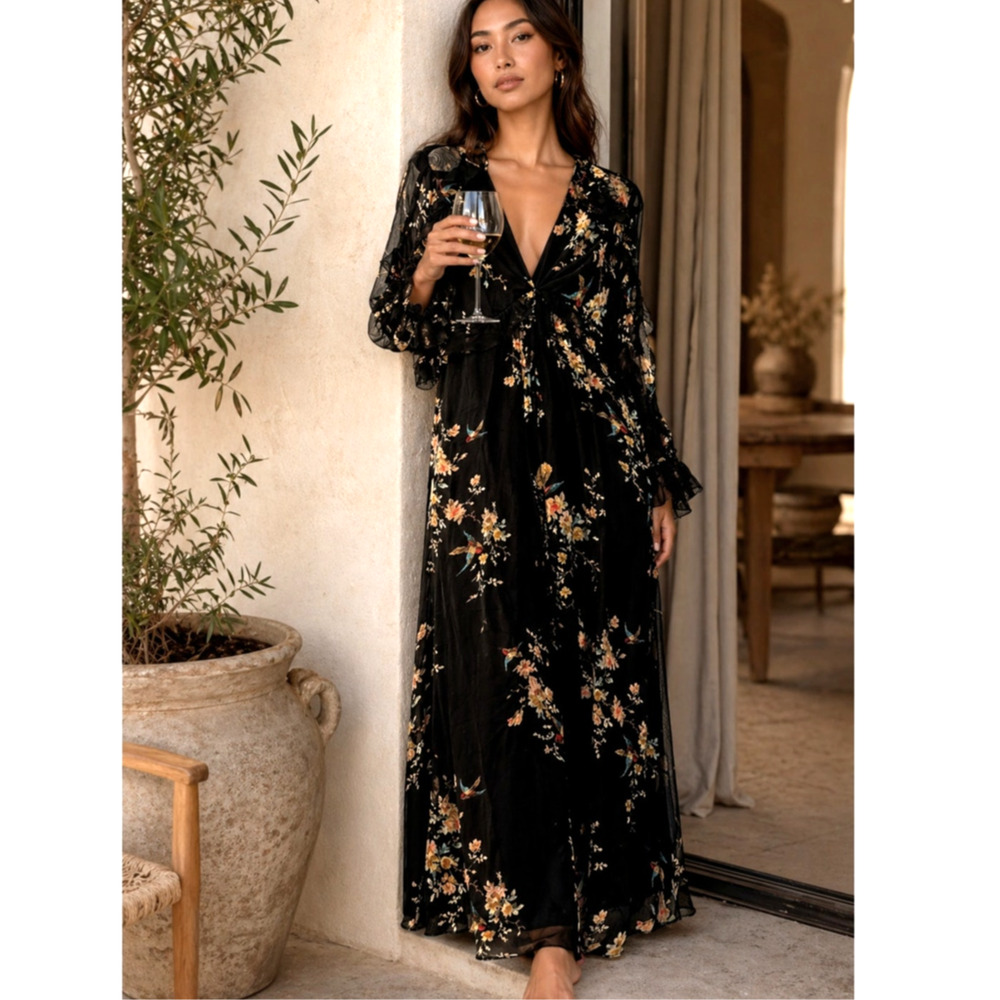 Zimmermann 1 Maples Blackbird Floral Silk Wide Leg Jumpsuit Long Sleeve $995